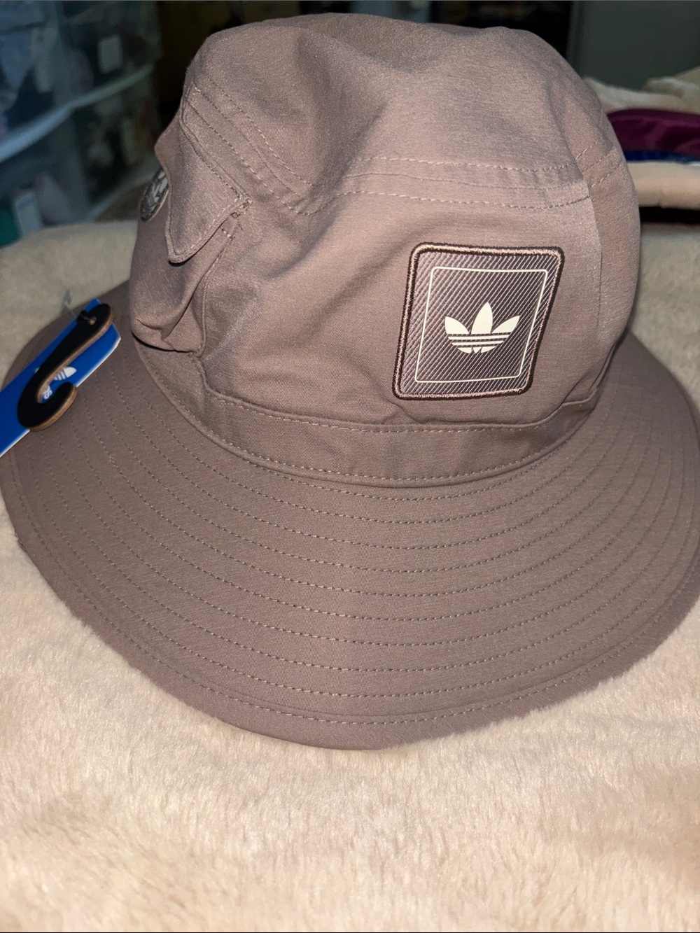 adidas Taupe Trefoil Patch Bucket Hat
